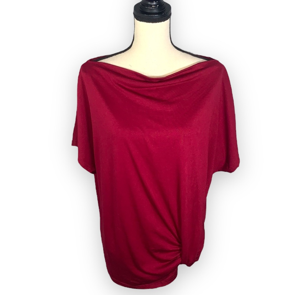 Exlura Red Cowl Neck Faux Side Tie Short Sleeve Top Size Medium